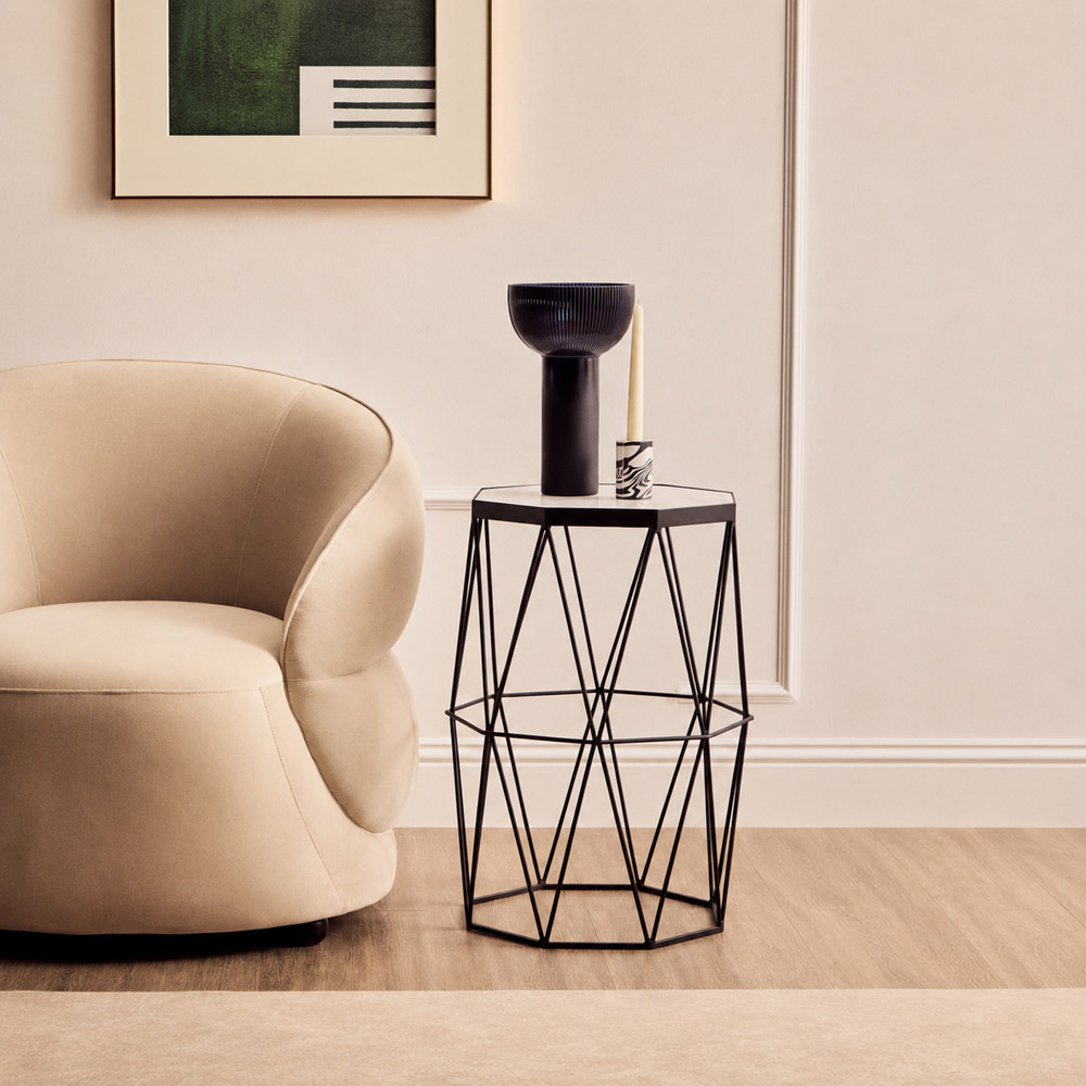 Premier Housewares Shalimar White and Black Side Table with Octagonal Marble Top Image 3