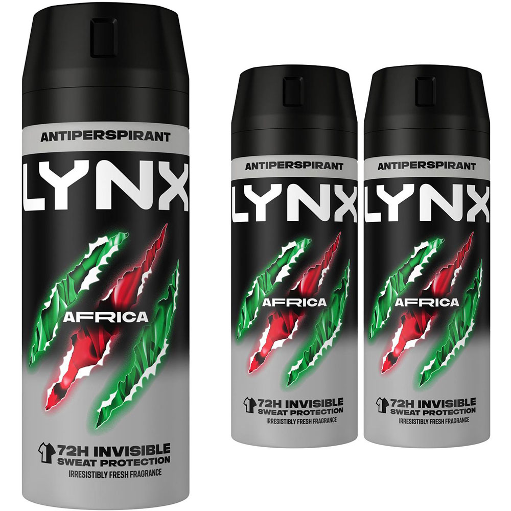 Lynx Africa 72H Protection Anti-Perspirant Aerosol Deodorant Spray 150ml 3 Pack Image 1