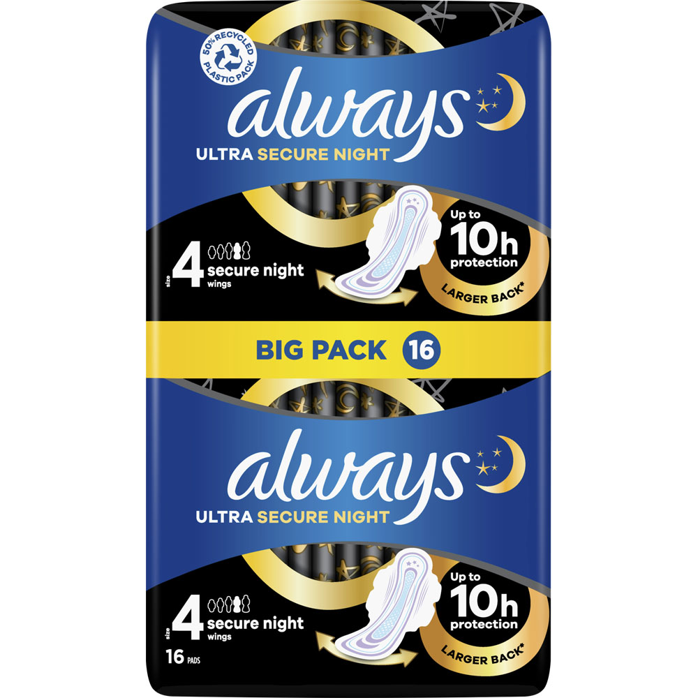 Always Ultra Secure Night Sanitary Towels with Wings Size 4 x 16 Pack Image 1