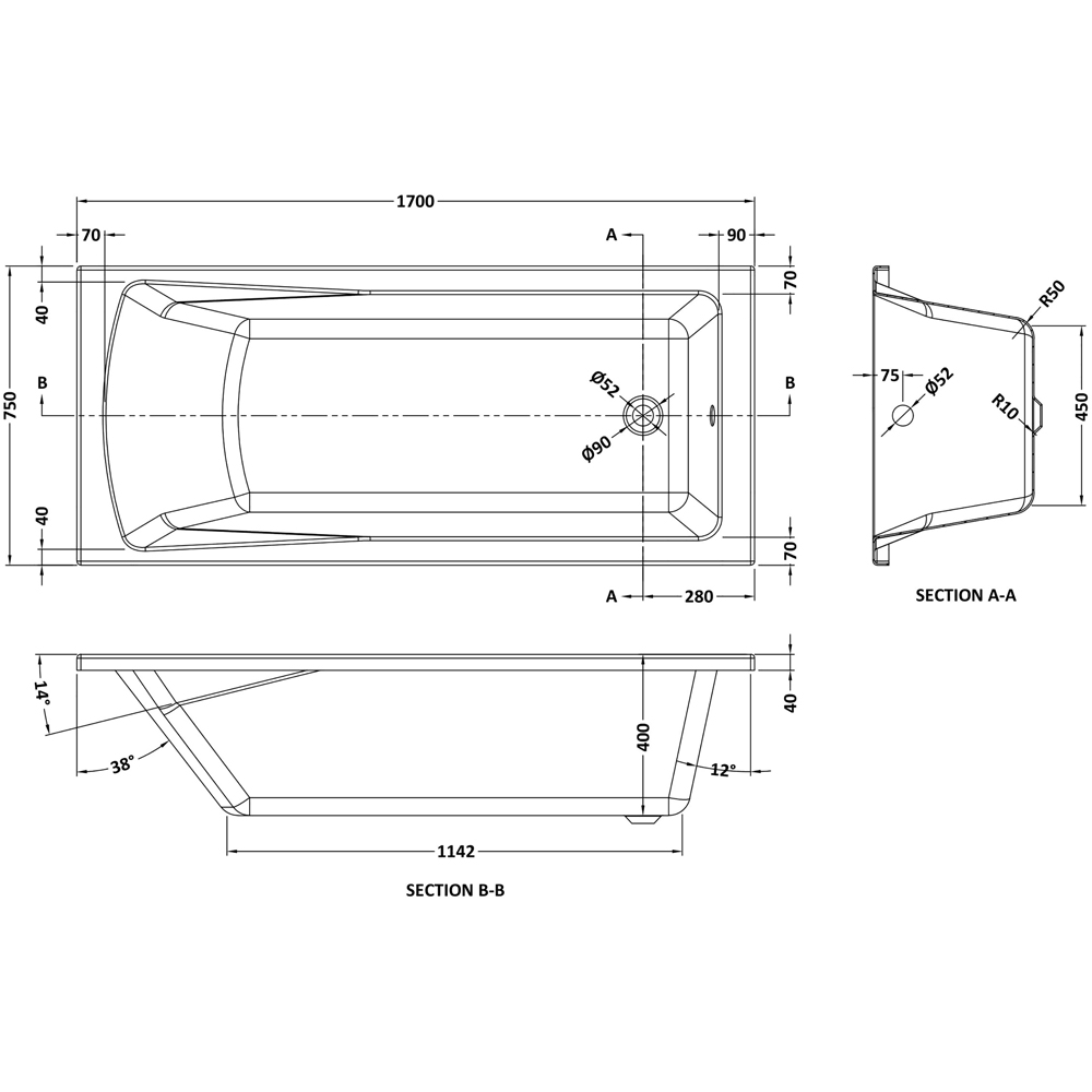 nuie 1700 x 750mm Eternalite Bath with Panel and Screen Image 2