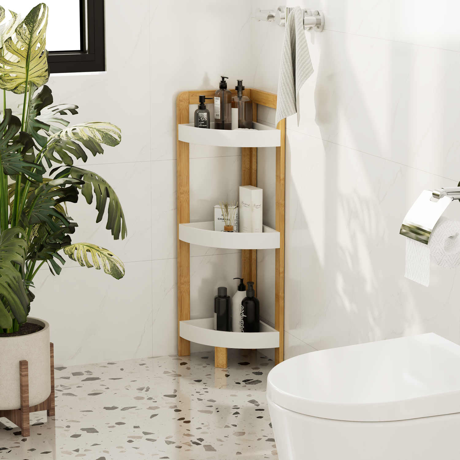 Bamboo Corner Caddy White and Wood Image 4