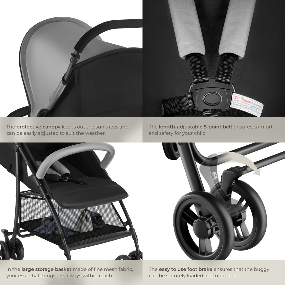 tectake Emma Black and Grey Foldable Pushchair with 5 Point Harness Canopy and Storage Image 5