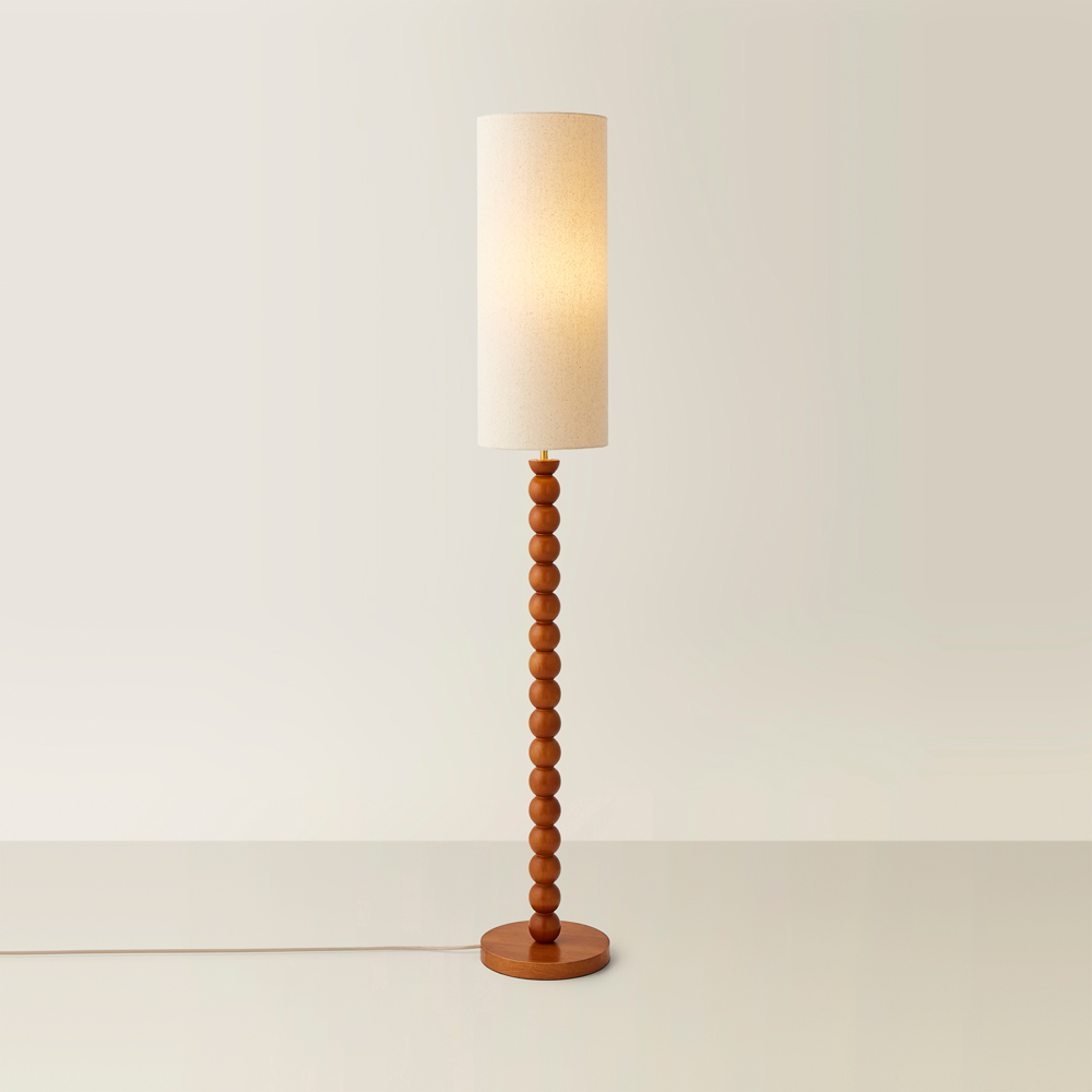 ValueLights Wyatt Natural Linen Tall Lamp Shade Walnut Wood Bobbin LED Floor Lamp Image 5