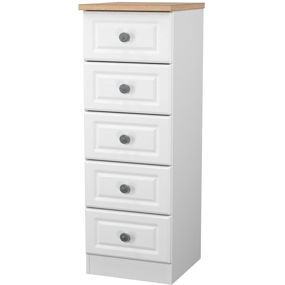 Crowndale Norfolk 5 Drawer White Ash and Bardolino Oak Tall Bedside Cabinet Ready Assembled Image 3