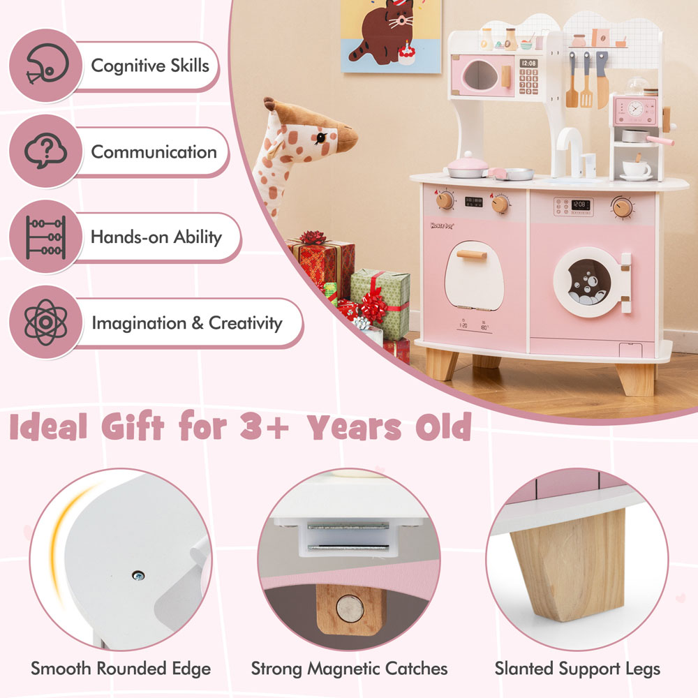 Costway Pink Kids Wooden Kitchen Playset with Coffee Maker Image 4