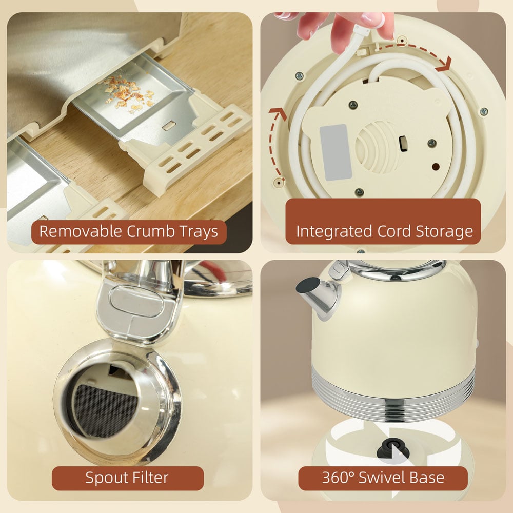 HOMCOM 800-212V70CW Cream 1.7L Fast Boil Electric Kettle 3000W and 4 Slice Toaster Set Image 3