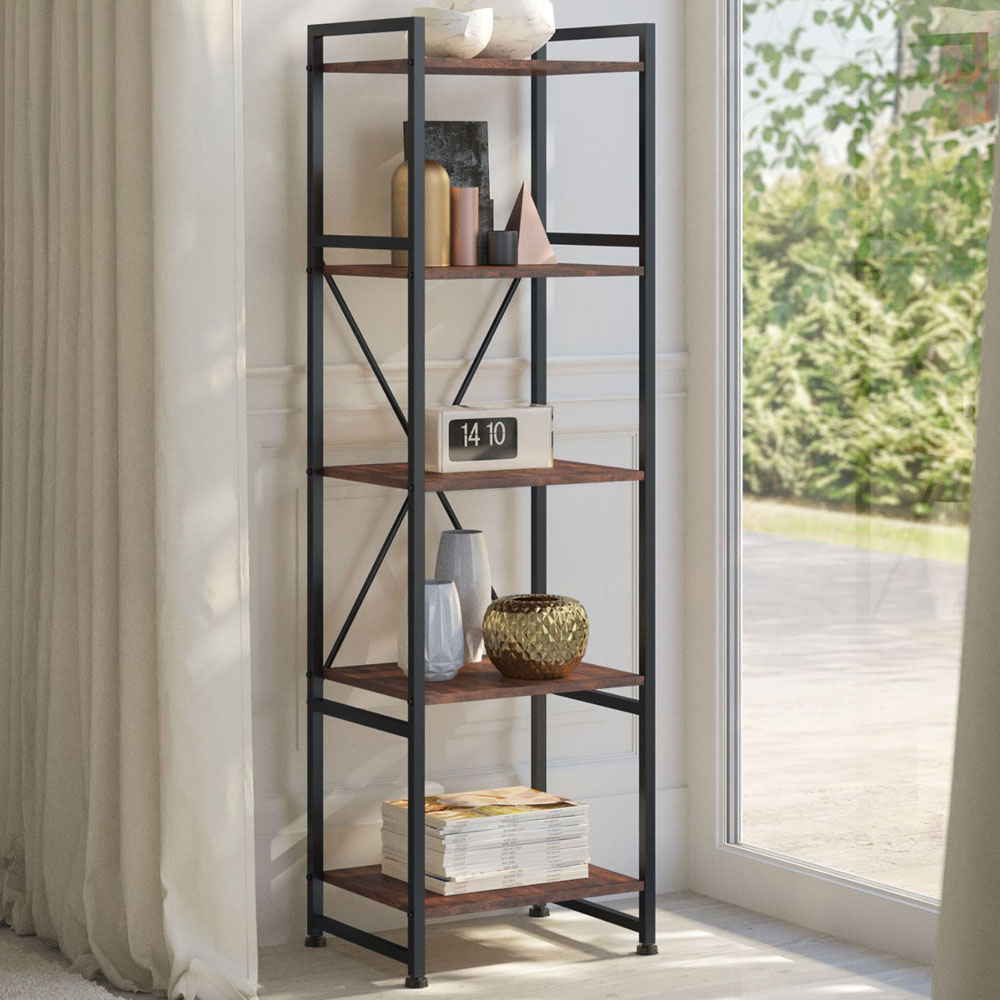 tectake Manchester 5 Shelf Industrial Dark Wood Bookcase Image 1