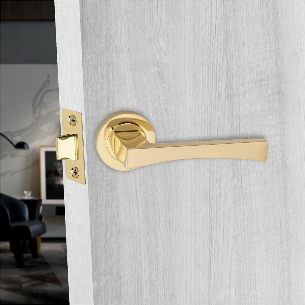 Golden Grace Electro Brass Wave Door Handles Set with 3 Lever Mortise Image 2