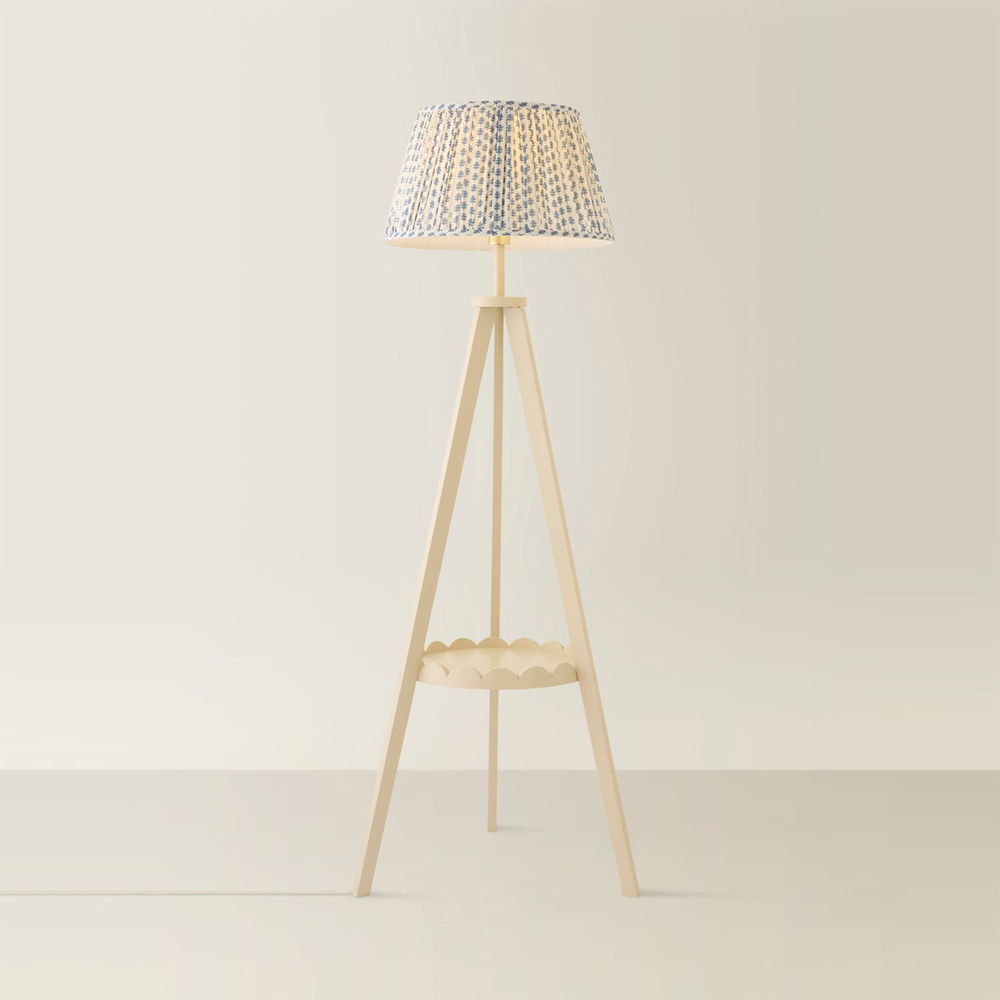 ValueLights Morrigan Blue Floral Pleated Shade Cream Scallop LED Tripod Floor Lamp with Bulb Image 4