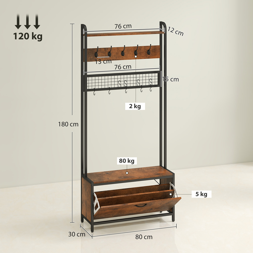 HOMCOM Single Flip Out Drawer 2 Shelf Rustic Brown Industrial Hall Tree Coat Stand Image 9