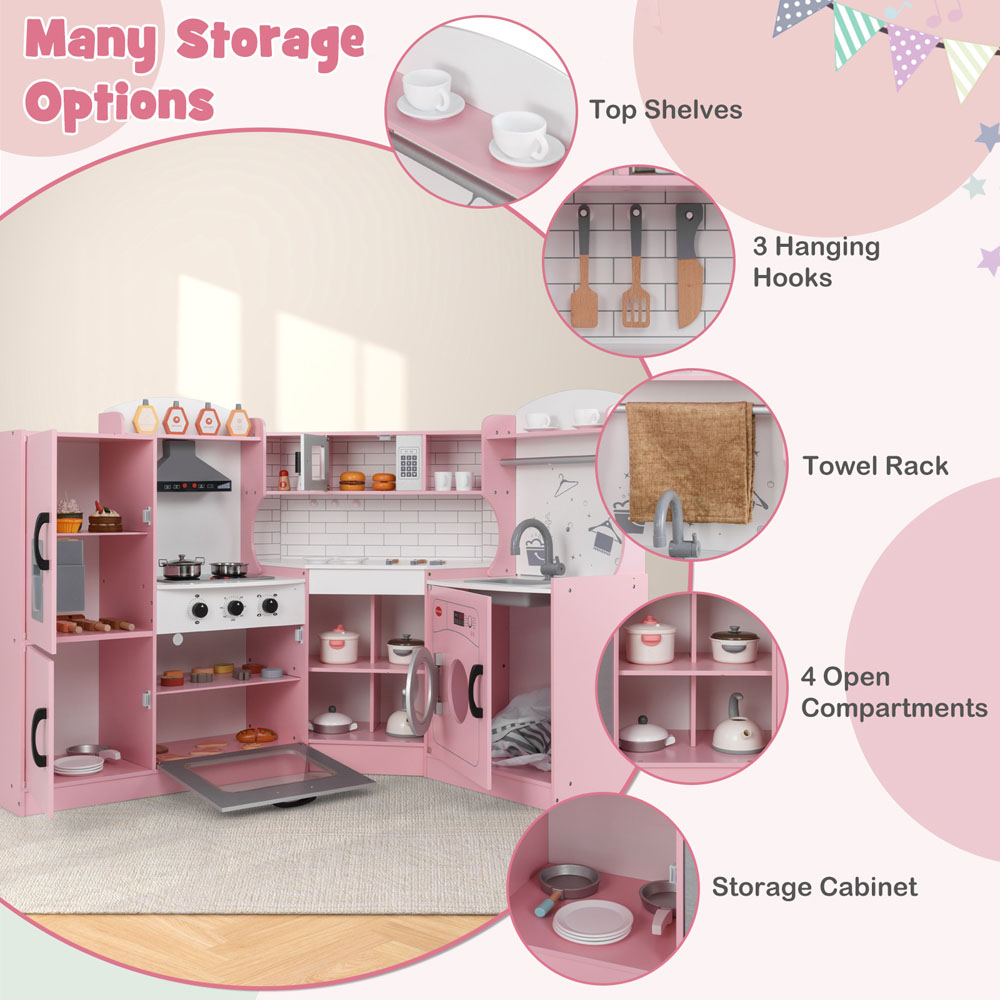 Costway Pink Wooden Corner Play Kitchen with Sounds and Lights Image 6
