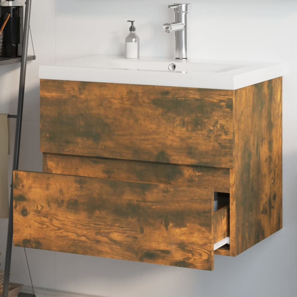 vidaXL 2 Drawer Smoked Oak and White Sink Cabinet with Basin Faucet and Drain Image 1