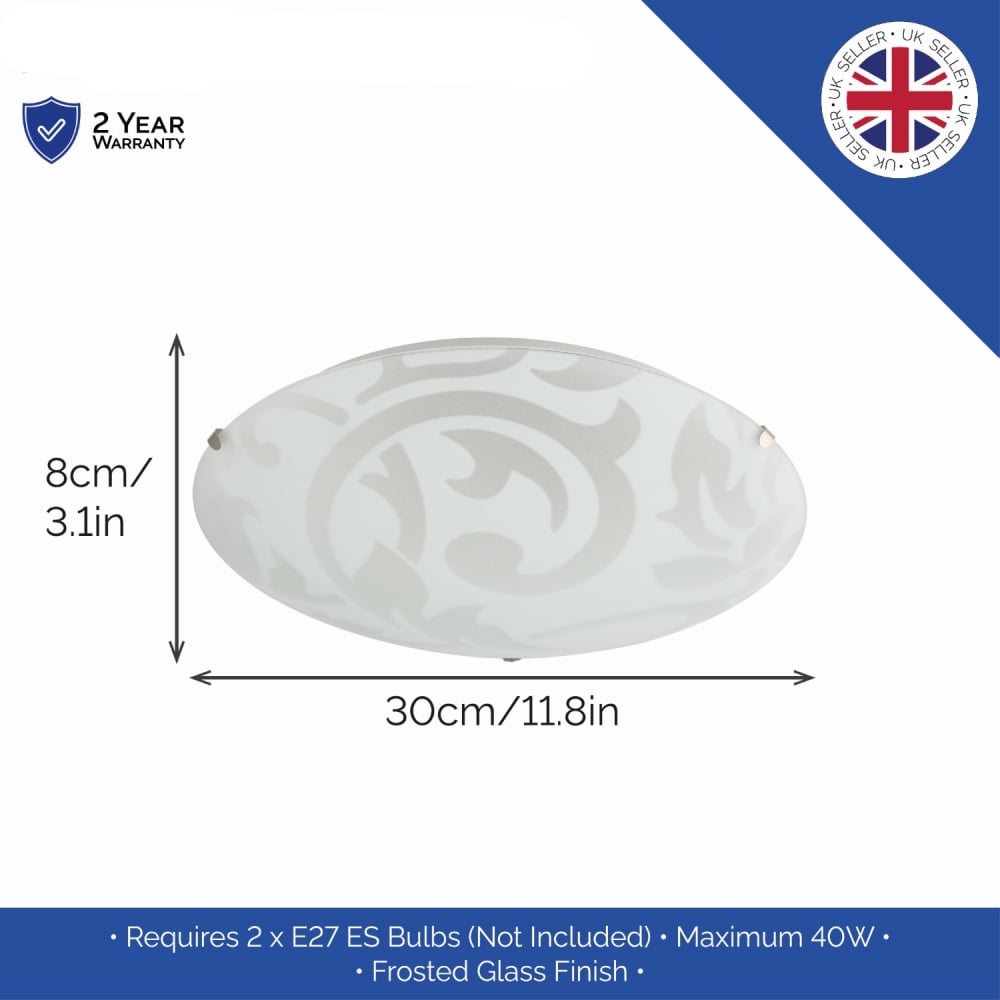 Happy Homewares Floral Circular Frosted White Glass IP20 Flush Ceiling Light Image 7