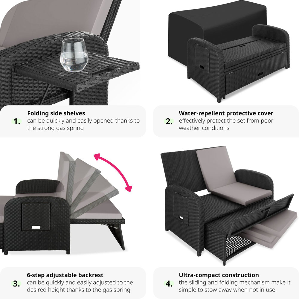 tectake Crete 2 Seater Black and Grey Reclining Garden Sofa Image 5