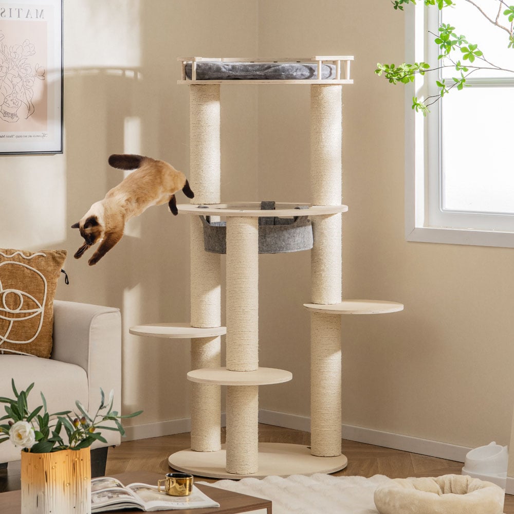 Costway Grey Wooden Multi Level Cat Tree with Top Perch 150cm Image 2
