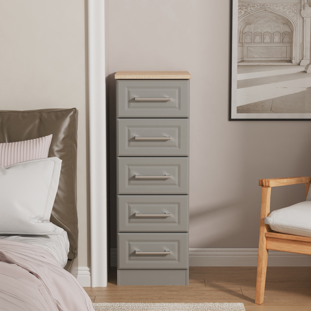 Crowndale Kent 5 Drawer Dusk Grey and Bardolino Oak Tall Bedside Cabinet Ready Assembled Image 7