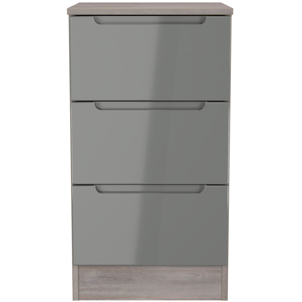 Crowndale Milan 3 Drawer Grey Gloss and Grey Oak Bedside Cabinet Ready Assembled Image 2