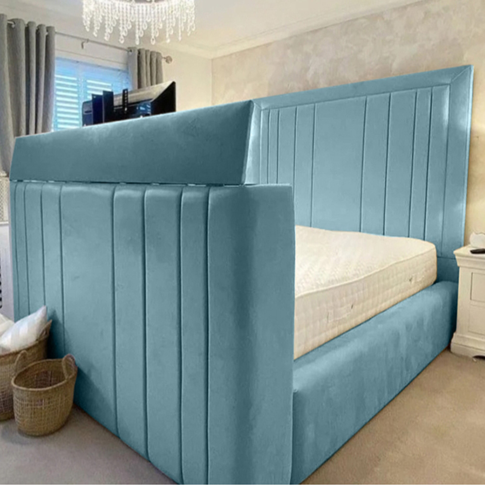 Eleganza Home Genna Super King Size Duck Egg Plush Velvet TV Bed Frame with Lined Headboard Image 1