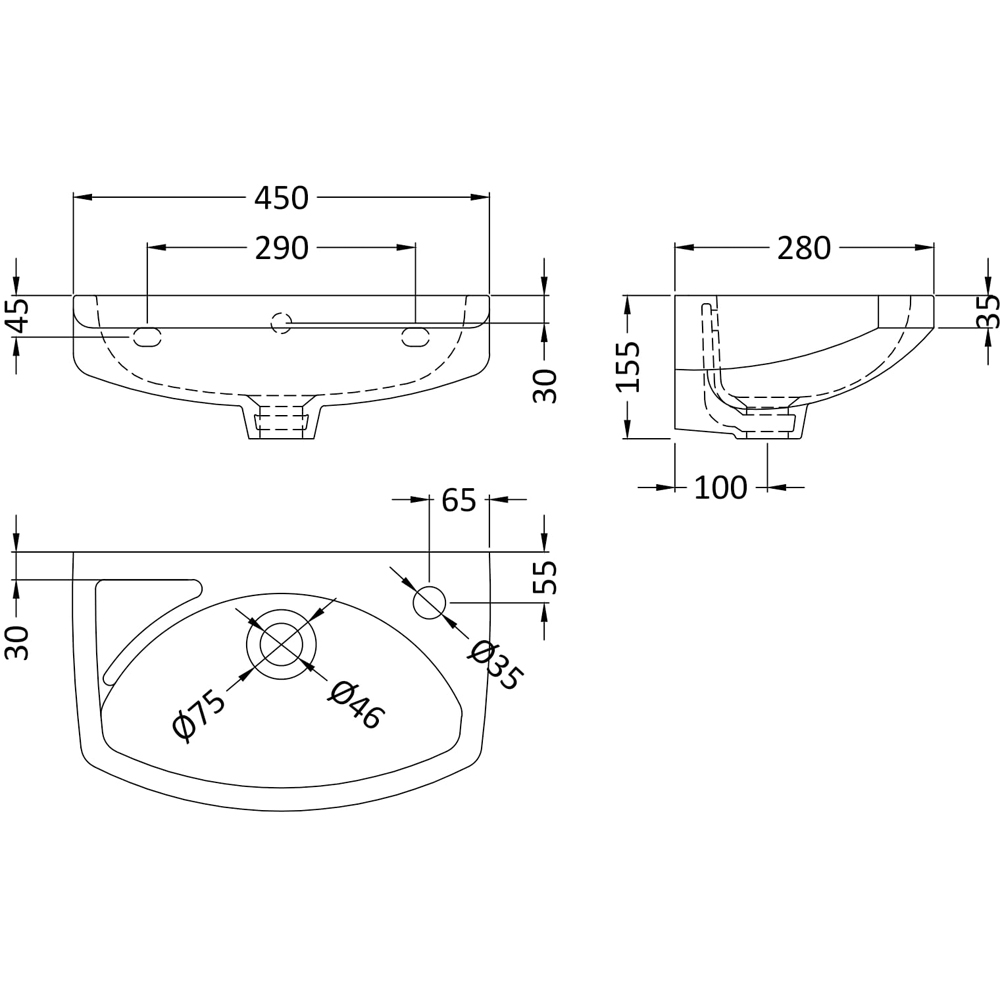 nuie Melbourne 1 Tap Hole White Wall Hung Curved Basin 450mm Image 2