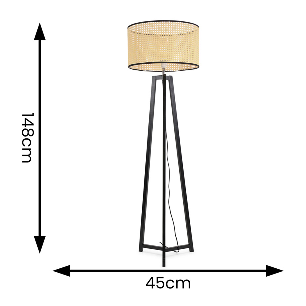 ValueLights Lottie Natural Cane Drum Shade Black Wood Tripod LED Floor Lamp Image 4