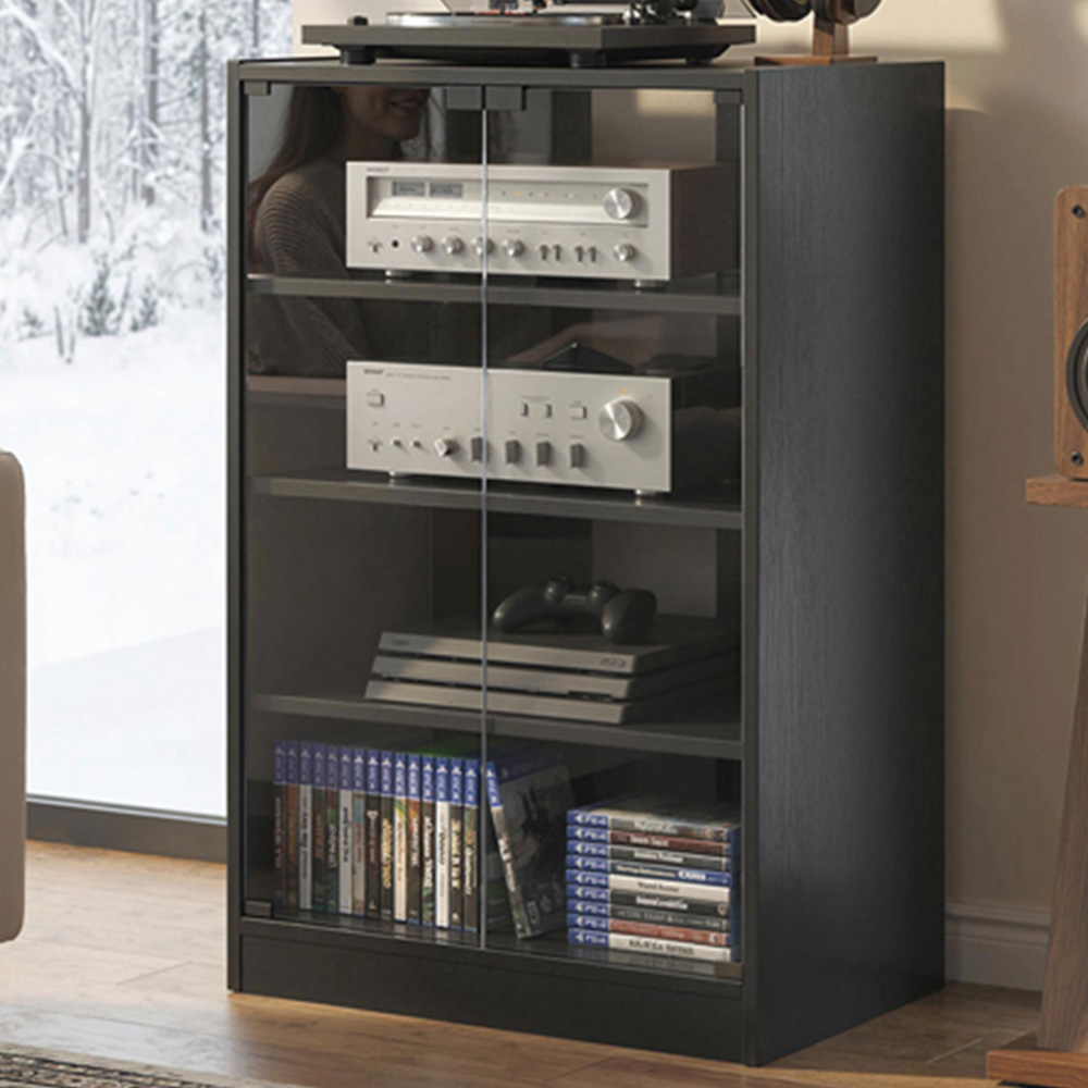 HOMCOM 4-Tier Black Wood-Effect Hi-Fi Stand with Adjustable Shelves Image 1
