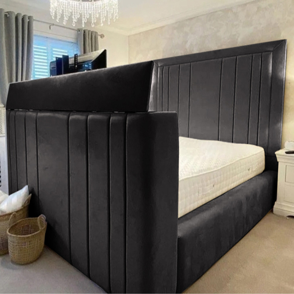 Eleganza Home Genna Super King Size Black Plush Velvet TV Bed Frame with Lined Headboard Image 1