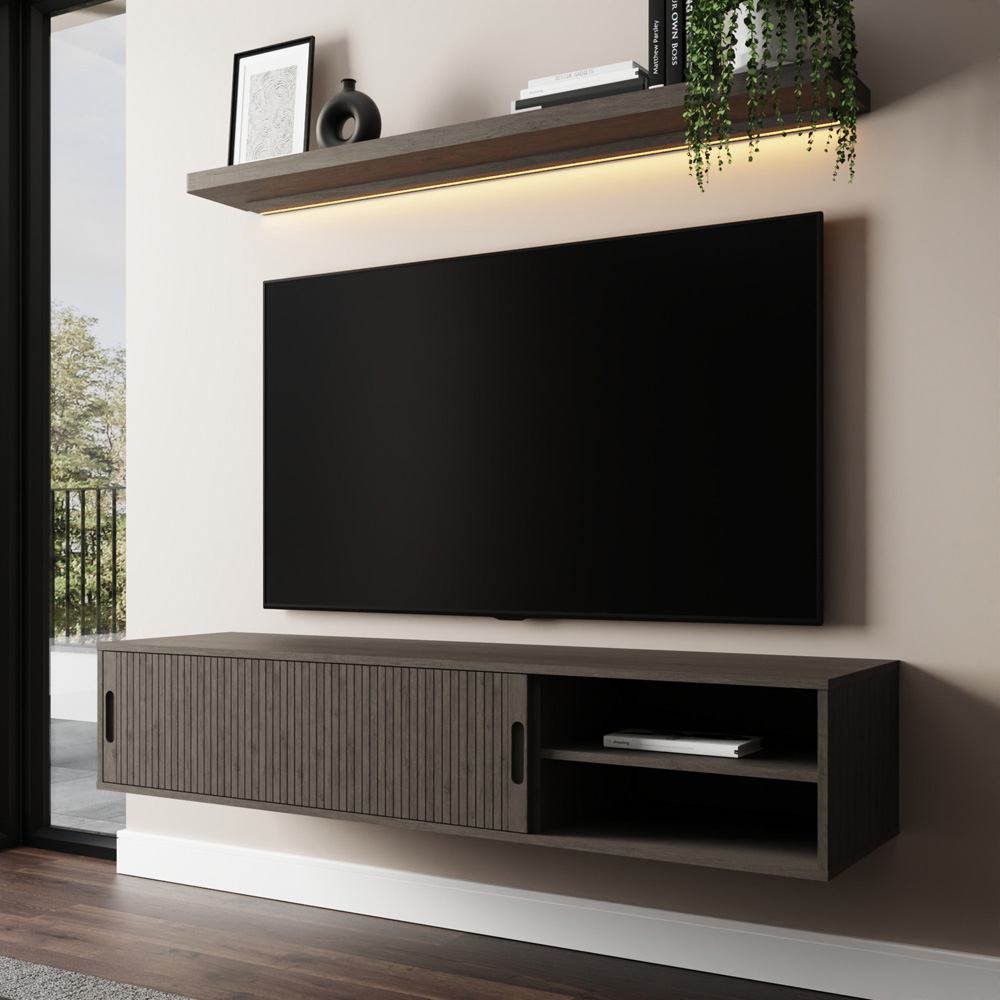 GFW Nina 2 Door 2 Shelf Grey Wall Mounted TV Unit with LED Wall Shelf Image 6