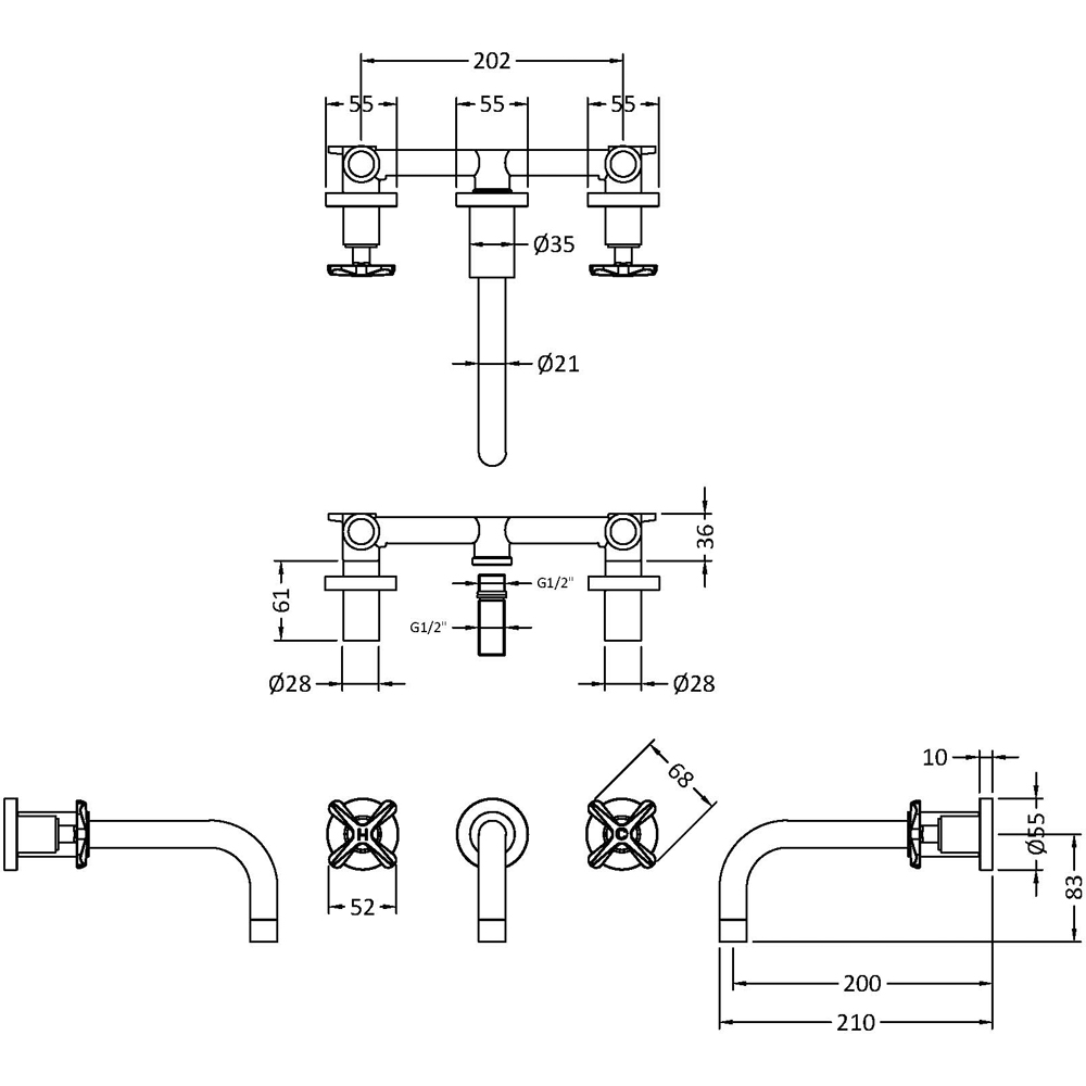 nuie Aztec Matt Black Wall Mounted Basin Mixer Tap Image 2