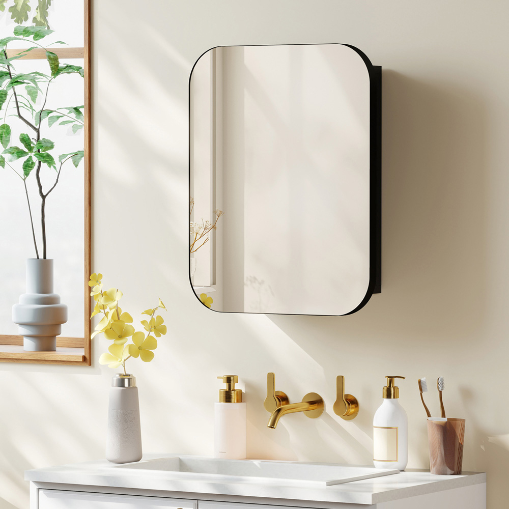Portland Black Wall Mounted Adjustable Bathroom Cabinet with Mirror Image 2