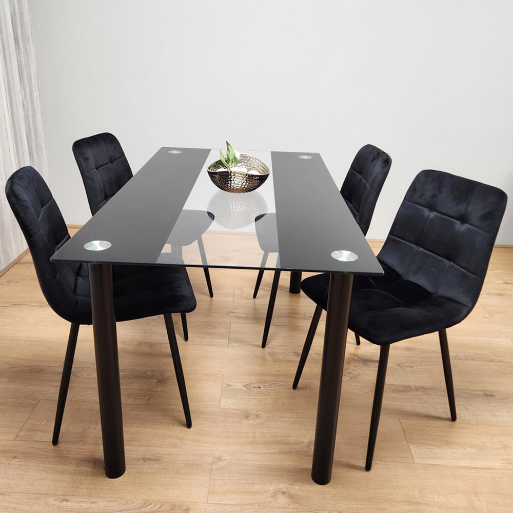 Kosy Koala 4 Seater Clear Glass Double Stripe Tufted Velvet Dining Set Black Image 1