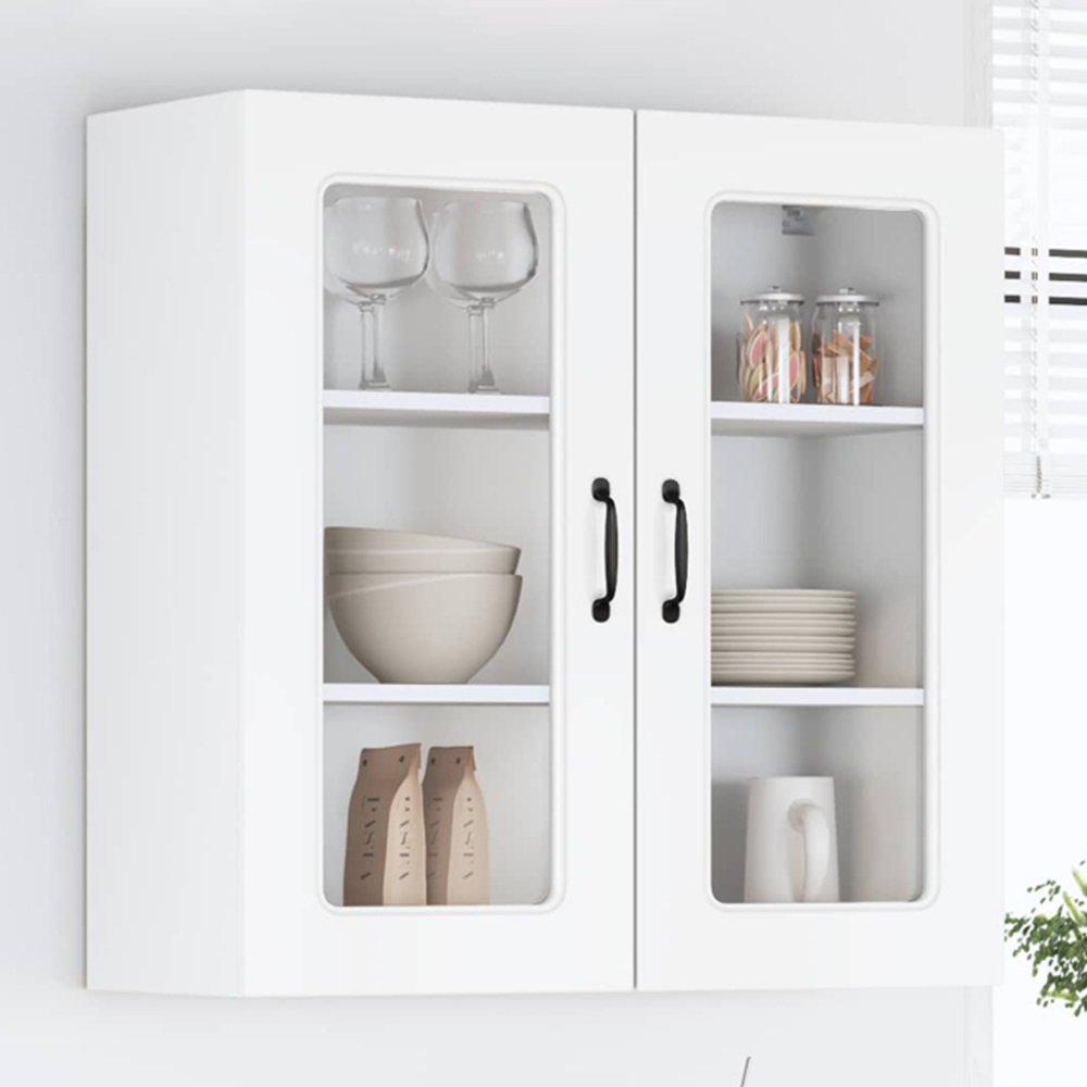 vidaXL 2 Glass Door High Gloss White Kitchen Wall Cabinet Image 1