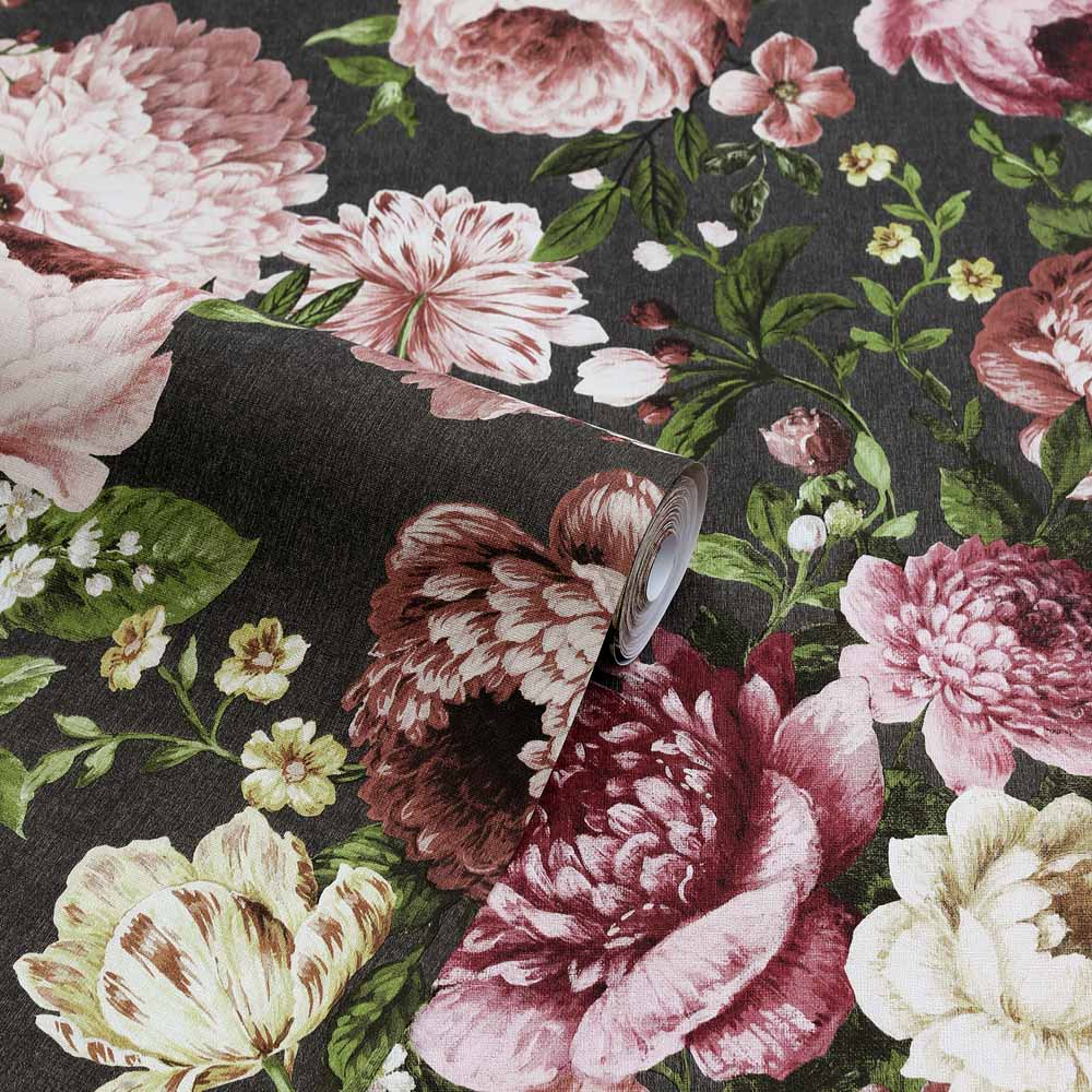 Arthouse Tapestry Floral Charcoal Pink Wallpaper Image 2