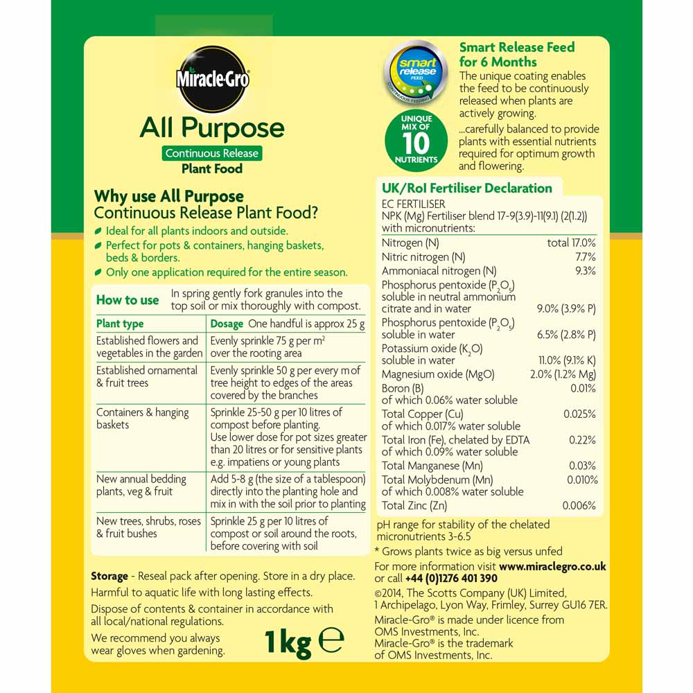 Miracle Gro All Purpose Continuous Release Plant Food 1kg Wilko