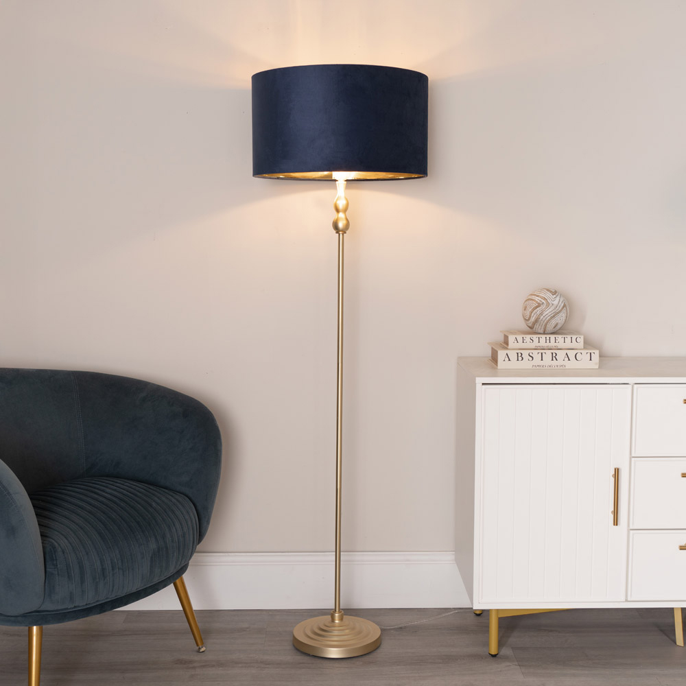 ValueLights Maggie Gold Candlestick LED Floor Lamp with Navy Blue and Gold Lamp Shade Image 3