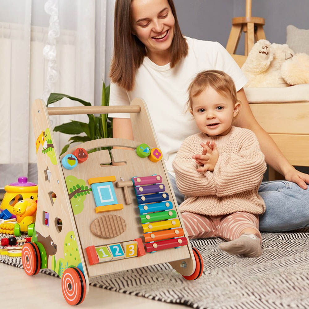 Costway Natural Wooden Baby Push Walker with Learning Activity and Storage Image 4
