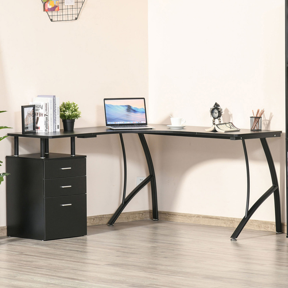 Portland L-Shaped Storage Drawer Desk Black Image 1