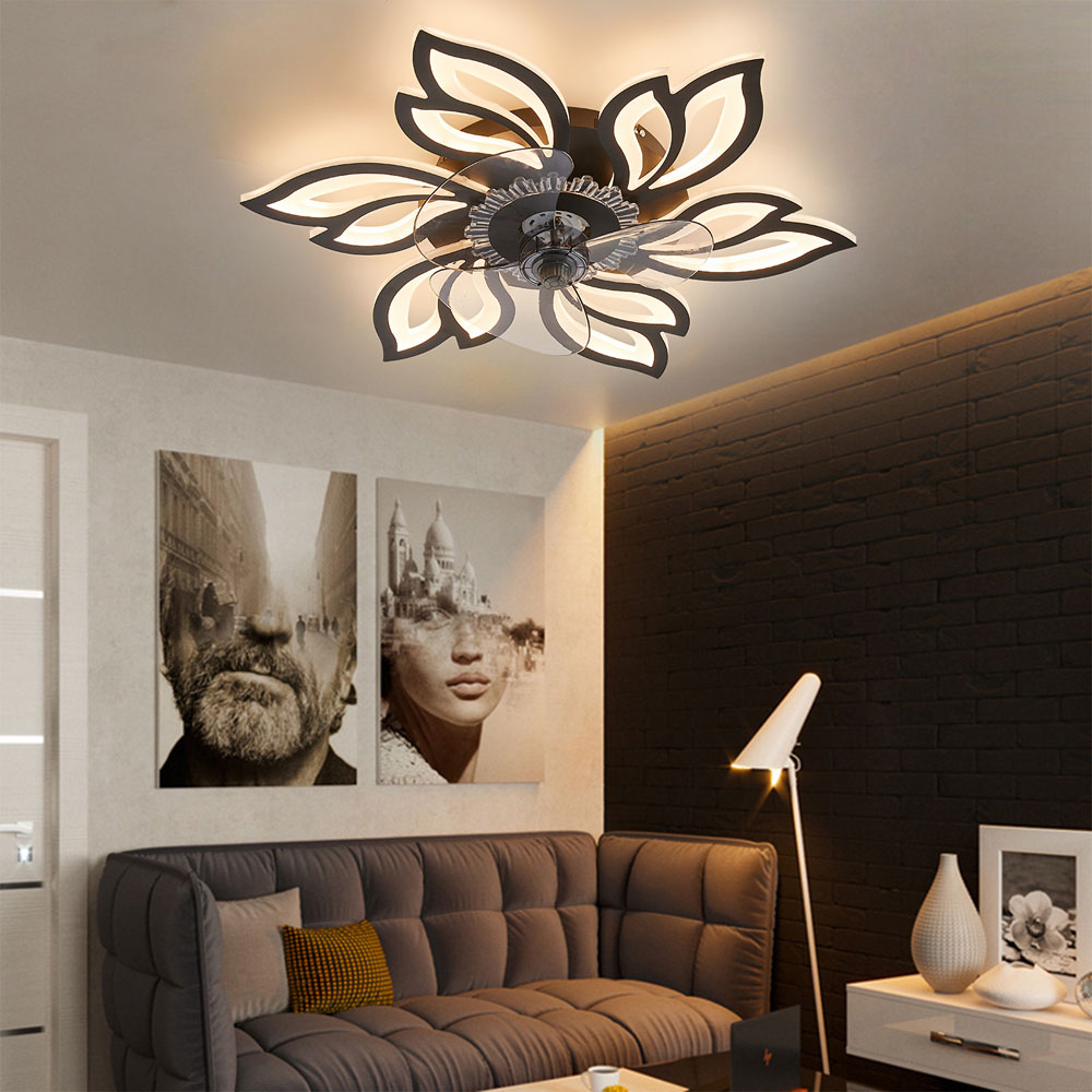 Living and Home Black Flower Design Ceiling Fan Light with Remote Control and Bluetooth 26 inch Image 2