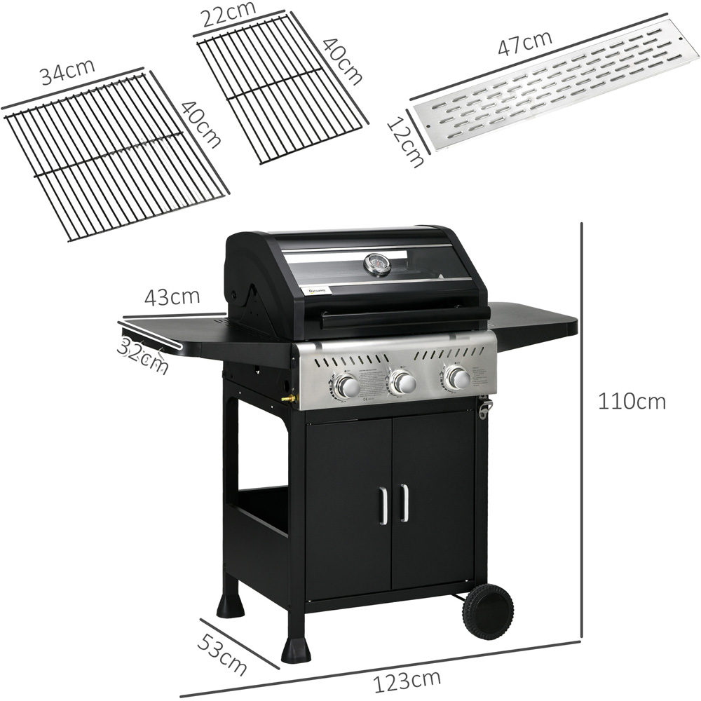 Outsunny 3 Burner Gas BBQ Trolley with Transparent Lid Image 7