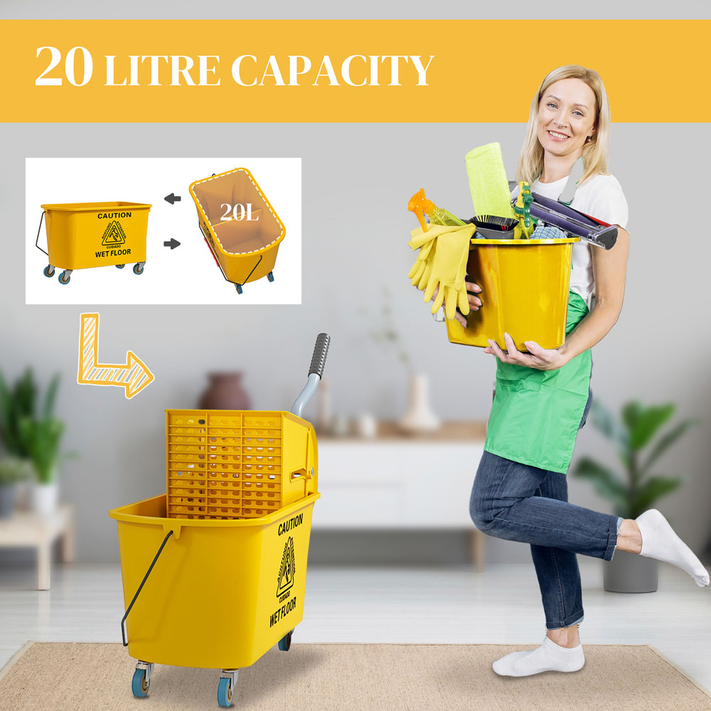 HOMCOM Yellow Mop Bucket with Wheels and Wringer 20L Image 3