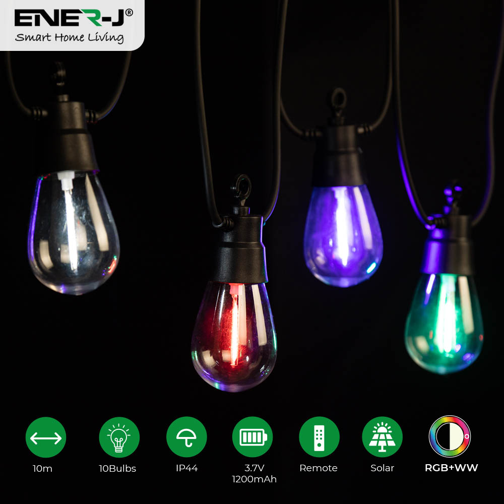 ENER-J Solar 2 Way RGB and WW LED Filament String Lights with 10 Lamps 10m Image 4