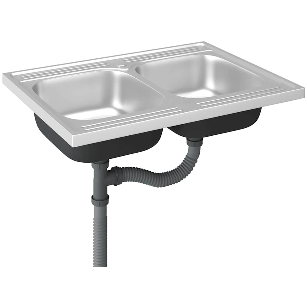 vidaXL Silver Stainless Steel Kitchen Sink with Double Basin and Drainer Set 800 x 600 x 155mm Image 3