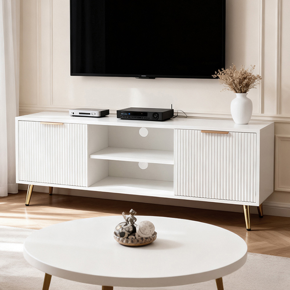 Living and Home 2 Door 2 Shelf White Ribbed and Gold-Toned Feet TV Stand Image 1