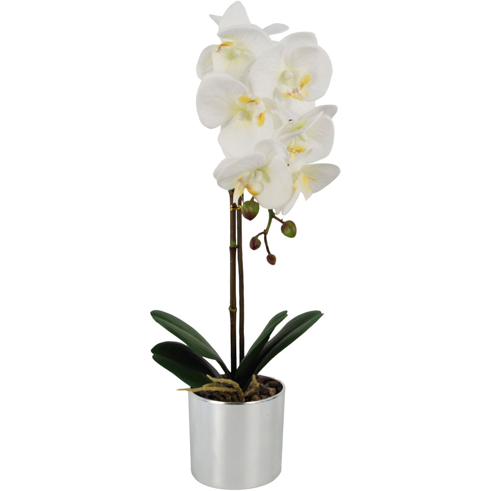 Leaf White Orchid Artificial Plant with Silver Pot 46cm Image 1