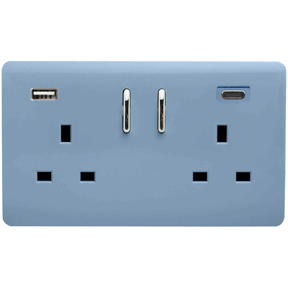 Trendi Switch 2 Gang 13amp 2 Port USB Sky Blue Switched Plug Socket Image 1