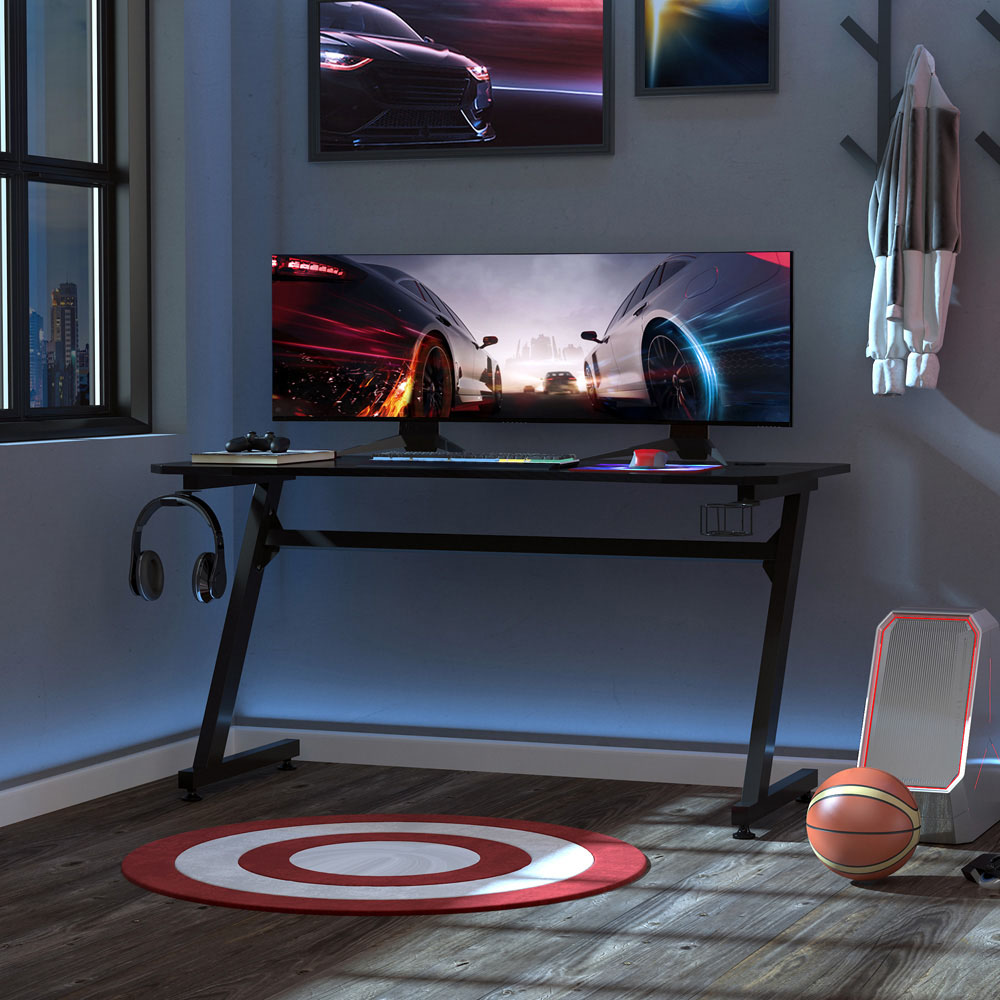 Portland Steel Gaming Desk with Cup Holder Black Image 3