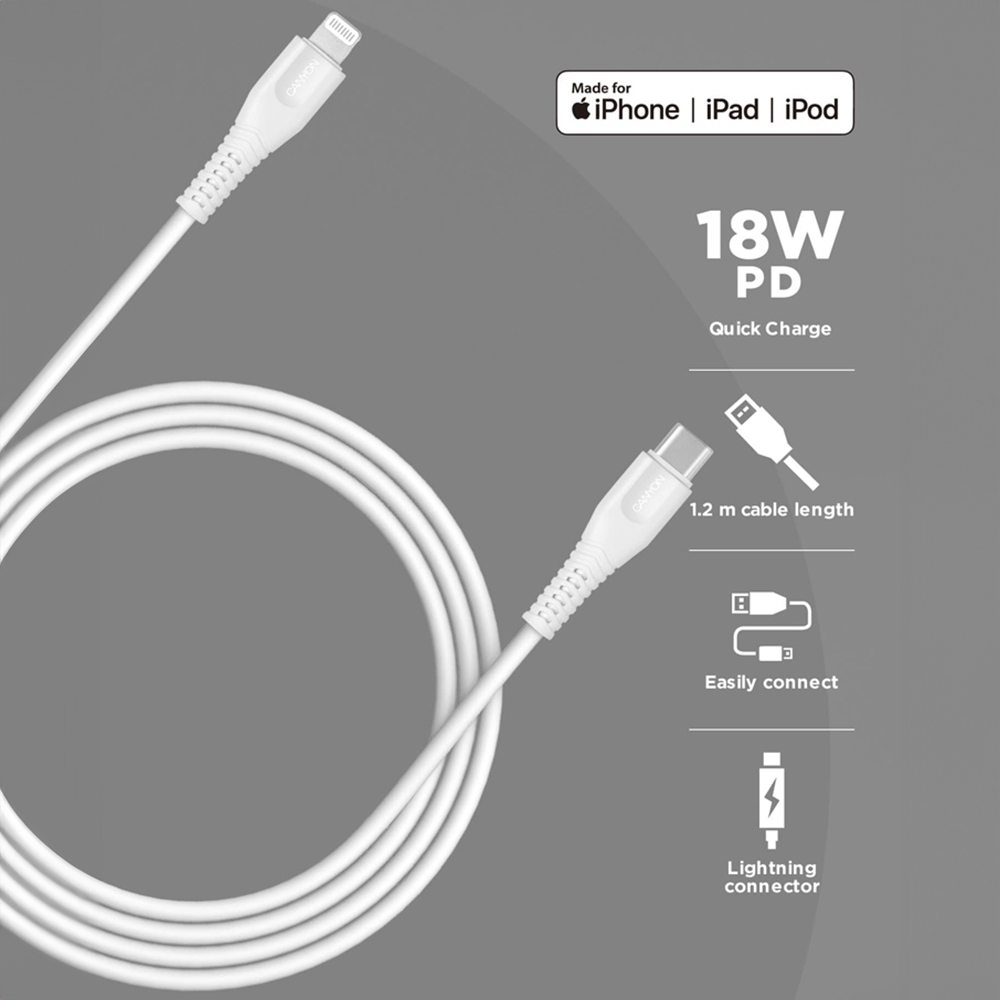 Canyon White USB C to MFI Lightning Cable 1m Image 4
