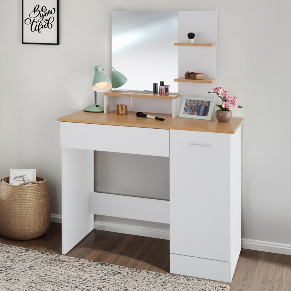 tectake Zoe Single Door Single Drawer 3 Shelf White and Beech Dressing Table Set with Mirror Image 1