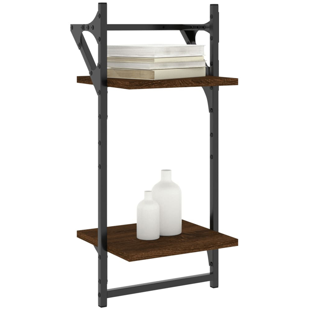 vidaXL Set of 2 2 Shelf Smoked Oak Floating Wall Shelf with Bar Image 2