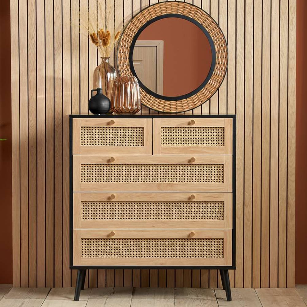Croxley 5 Drawer Black and Oak Rattan Chest of Drawers Image 8
