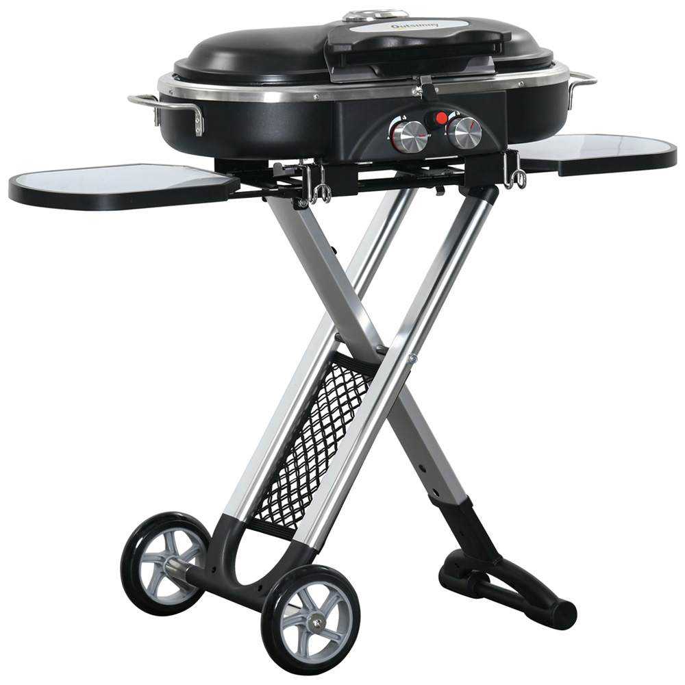 Outsunny Black Foldable Gas BBQ Grill with Extended Tables and Wheels Image 1